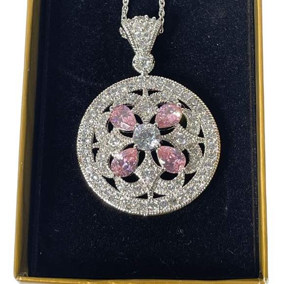 Sterling Silver Necklace Round Pendant Brilliant Diamond Pink Gem Embellished - Picture 3 of 12